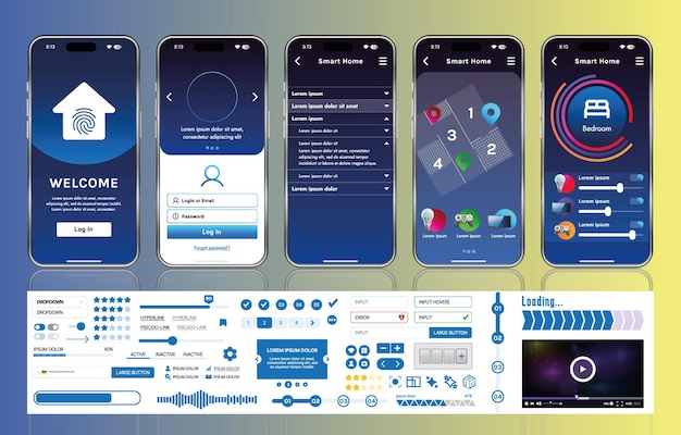A set of UI UX elements for smart home management mobile apps an interface with buttons panels graphs and navigation for monitoring and controlling automation systems