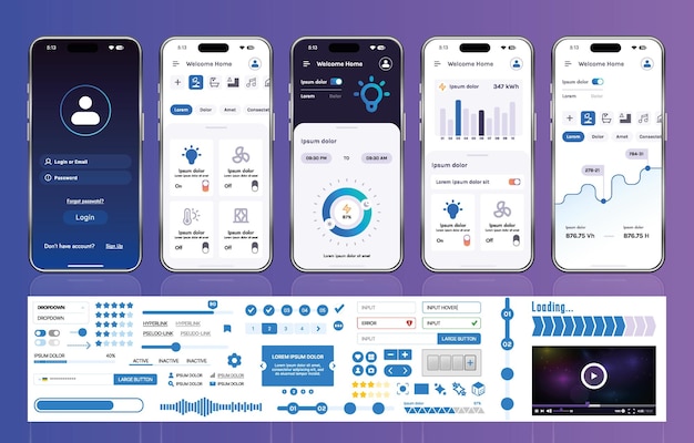A set of UI UX elements for smart home management mobile apps an interface with buttons panels graphs and navigation for monitoring and controlling automation systems