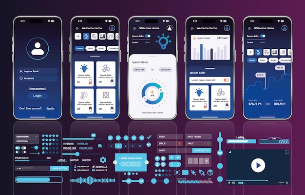 A set of UI UX elements for smart home management mobile apps an interface with buttons panels graphs and navigation for monitoring and controlling automation systems