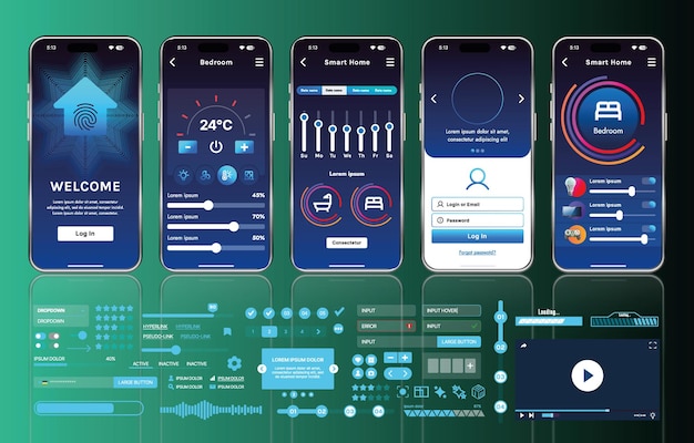 A set of UI UX elements for smart home management mobile apps an interface with buttons panels graphs and navigation for monitoring and controlling automation systems