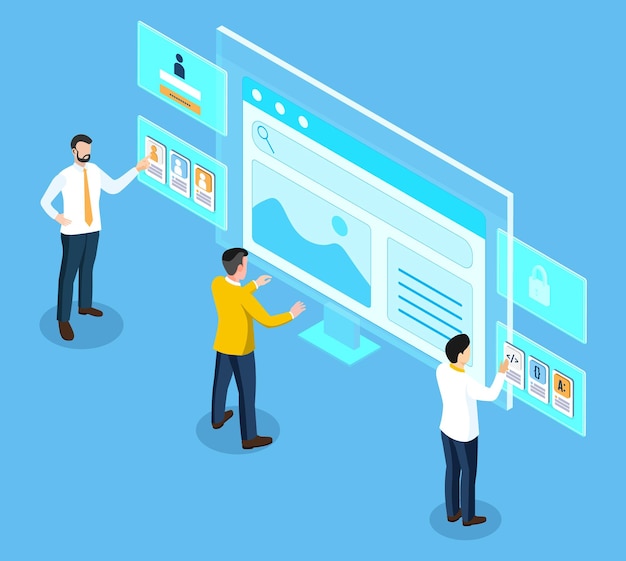 A team of web designers and developer programmers working on web design and web application design process concepts
