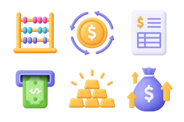 Abacus coin file banknote gold bar money bag Finance 3d vector icon set Cartoon minimal style