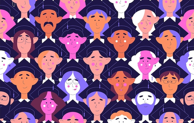 Absolwenci bez szwu wzór w spiczastym kwadratowym kapeluszu z pomponem Ilustracja wektorowa studentów w tablicy zaprawowej Śmieszne postacie z kreskówek szablon w płaskim minimalistycznym stylu z konspektem Graduation Academy