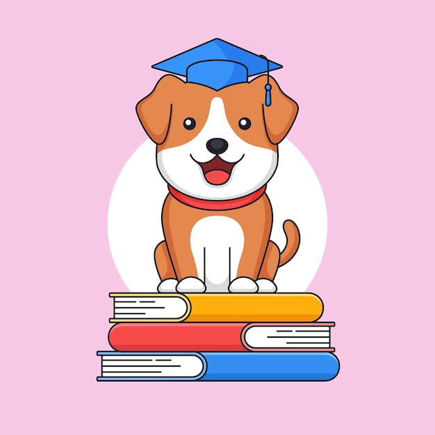 Plik wektorowy absolwent pies stojący na szczycie stosu książki nosić kapelusz toga