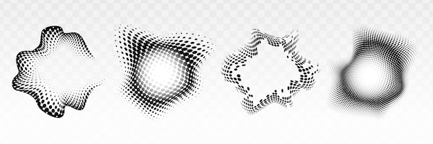 Abstract black and white halftone designs with wavy distorted patterns Halftone effects create dynamic artistic visuals with abstract wavy forms Halftone shapes element vector set