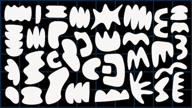 Abstract shapes in white on a dark grid background Curved and jagged forms create a dynamic pattern Abstract shapes add artistic flair and creativity Black and white vector set