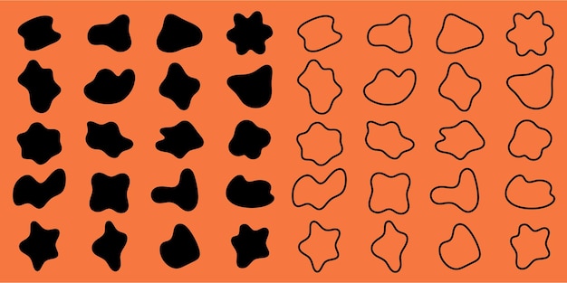 Abstract shapes pattern on orange background Black and outlined shapes create a dynamic artistic design Shapes vary in form adding visual interest Black shape vector set
