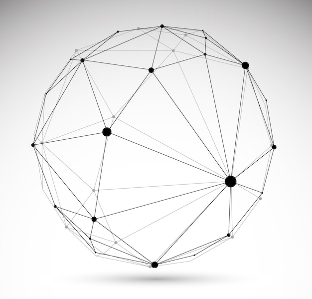 Abstrakcja wektorowa siatki wymiarowej, trójwymiarowa wielokątna abstrakcyjna kula na białym tle, dynamiczne połączenia w stylu cyfrowym tech i science z liniami i kropkami.