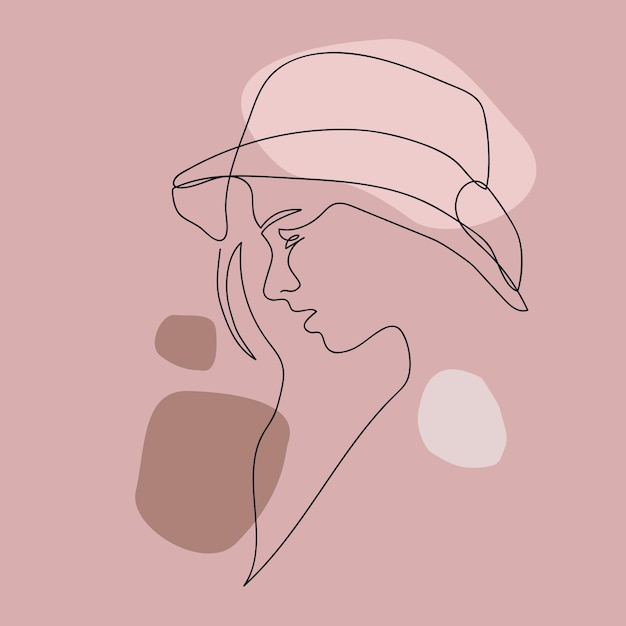 Abstrakcjonistyczna minimalistyczna kobieca twarz z kapeluszową grafiką rysunkową. Pomysł na nadruki, tatuaże, plakaty.