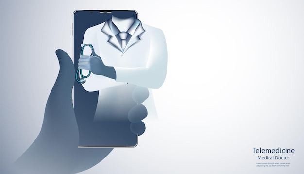 Abstrakcyjna biała siatka lekarza ze stetoskopem i ręką trzymającą technologię cyfrową telefonu