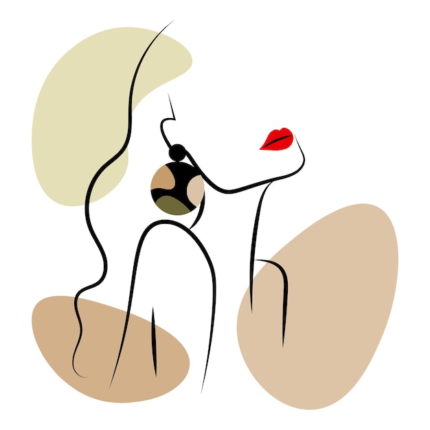Abstrakcyjna Grafika ścienna Przedstawiająca Kobietę Z Kolczykiem I Czerwonymi Ustami Na Beżowym Tle