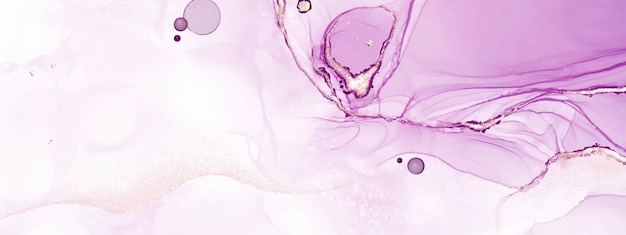 Abstrakcyjna płynna sztuka z techniką fioletowego tuszu alkoholowego i złotym brokatem