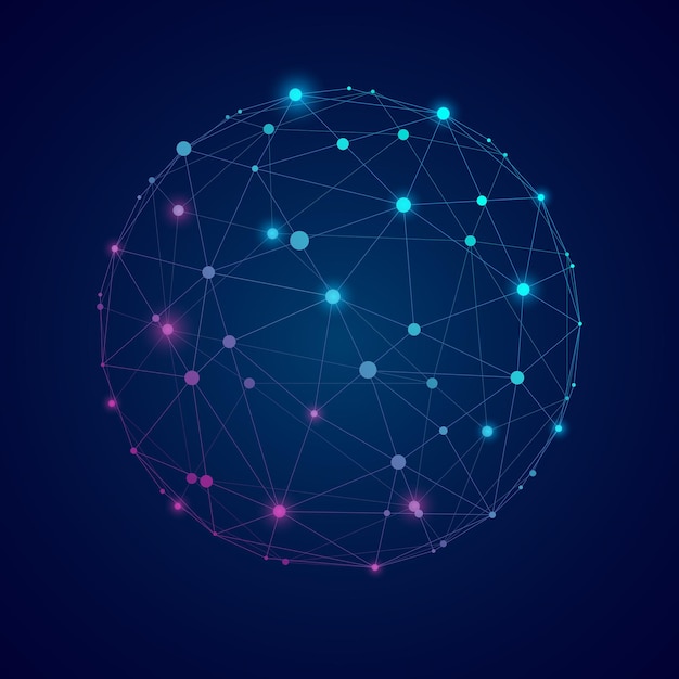Abstrakcyjna sfera wektorowa i ramka drutowa linie wieloboczne łączą kropkę izolowaną na niebieskim tle Koncepcja struktury połączenia i technologii geometrycznej Ilustracja wektorowa