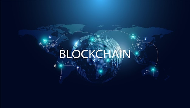 Abstrakcyjna technologia blockchain kryptowaluta i fintechowa mapa świata połączenie operacji kryptograficznych