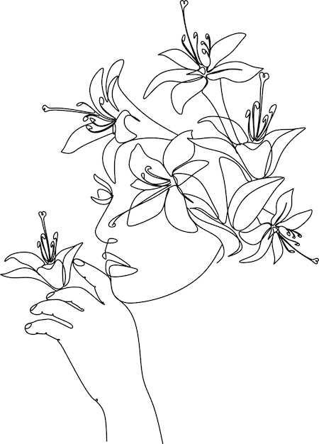 Plik wektorowy abstrakcyjna twarz z kwiatami według jednego rysunku wektorowego portret minimalistyczny styl