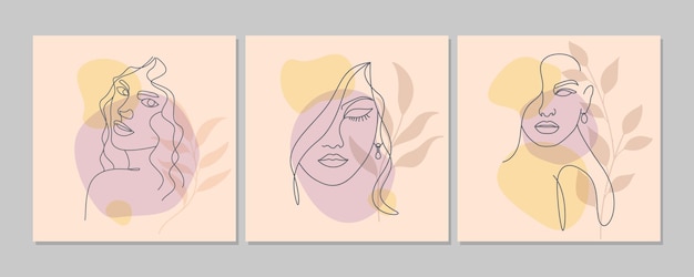 Abstrakcyjna Uroda Rysowanie Linii Kobieta Twarz Portret Zestaw Plakatów ściennych