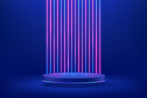 Plik wektorowy abstrakcyjne 3d ciemnoniebieski cylinder podium z pionowym świecącym neonowym tłem