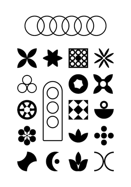 Abstrakcyjne brutalistyczne czarne elementy geometryczne ustawione minimalistyczne kształty szwajcarski projekt na białym tle