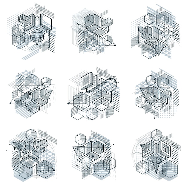 Abstrakcyjne Kompozycje Kształtów 3d, Izometryczne Tła Wektorowe. Kompozycje Sześcianów, Sześciokątów, Kwadratów, Prostokątów I Różnych Elementów Abstrakcyjnych. Kolekcja Wektorów.