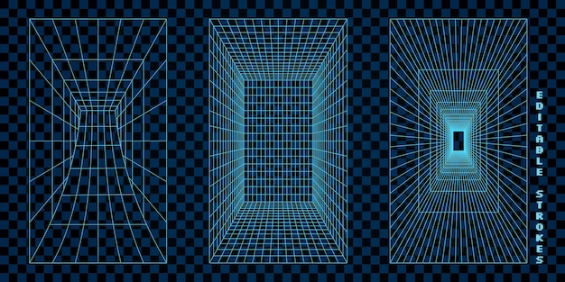 Abstrakcyjne kształty siatki 3D z siatką drutową wykonane w niebieskim neonie kształtują linie geometryczne