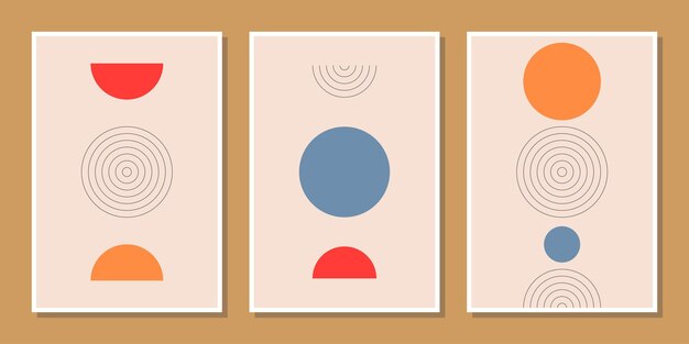 Abstrakcyjne, minimalistyczne kompozycje ozdoba ścienna w stylu mid-century z kołami i łukowymi liniami w kolorze czerwonym, pomarańczowo-niebieskim beżowym