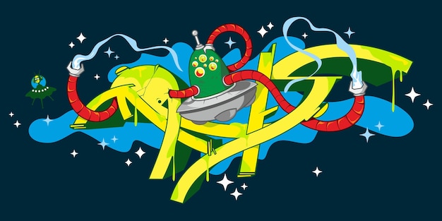 Plik wektorowy abstrakcyjne słowo mals graffiti styl czcionki napis z kosmitą pilotowanie ilustracji wektorowych statku kosmicznego latający spodek