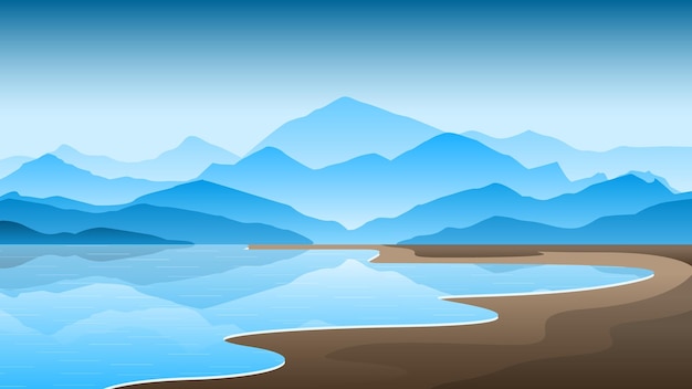 Plik wektorowy abstrakcyjne tło nieba z górami i jeziorem wektorowy styl projektowania