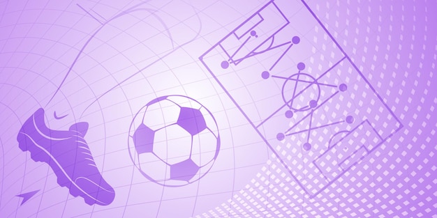 Plik wektorowy abstrakcyjne tło piłkarskie z dużą piłką nożną i innymi symbolami sportowymi w fioletowych kolorach