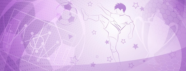 Plik wektorowy abstrakcyjne tło piłki nożnej z piłkarzem kopnącym piłkę i innymi symbolami sportowymi w fioletowych kolorach