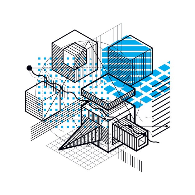 Abstrakcyjne Tło Z Elementami Izometrycznymi, Wektorowa Sztuka Liniowa Z Liniami I Kształtami. Kostki, Sześciokąty, Kwadraty, Prostokąty I Różne Elementy Abstrakcyjne.