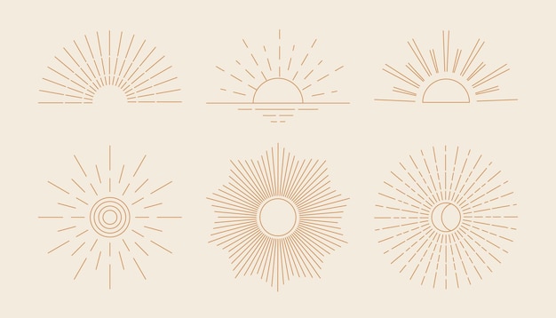 Abstrakcyjny boho zachód słońca sunburst Bohemian minimalistyczny liniowy wschód i zachód słoneczny kolekcja ikon
