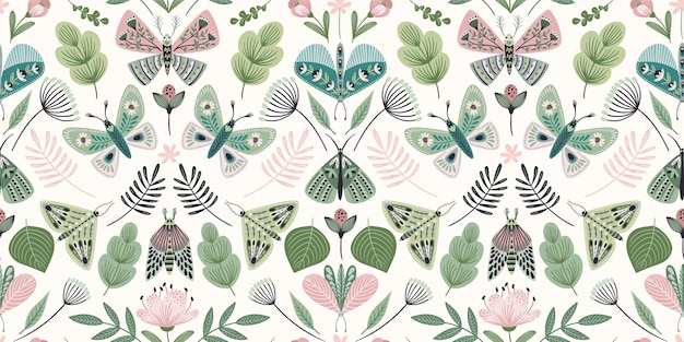 Abstrakcyjny Kwiatowy Wzór Z Motylami I ćmami Nowoczesny Egzotyczny Projekt Do Dekoracji Wnętrz Z Tkaniny Na Okładkę Papierową I Innych