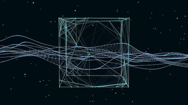 Abstrakcyjny niebieski sześcian scifi z cząstkami i liniami Technologia wektorowa połączenie sieciowe na świecie Globalne połączenia cyfrowe ai sześcian Wireframe szyfrowanie Blockchain