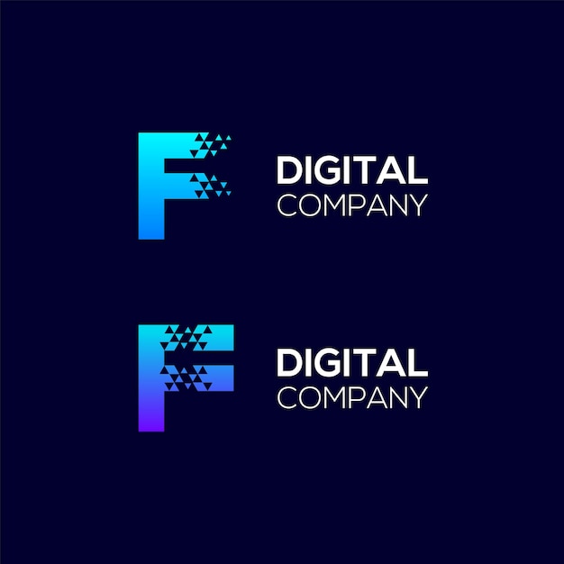 Abstrakcyjny projekt logo litery F z koncepcją trójkątnych pikseli dla Technology Digital Business Company