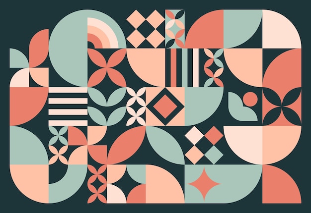 Abstrakcyjny wzór geometryczny w stylu bauhaus z pastelowymi kolorami i kształtem na czarnym tle