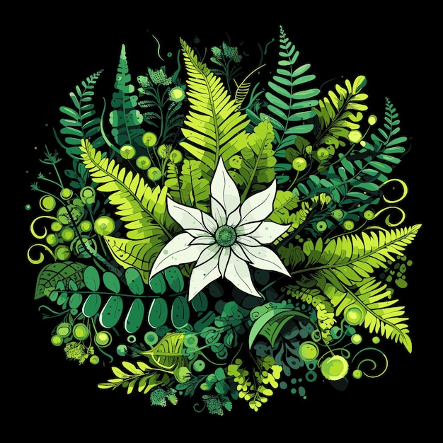 Abstrakcyjny wzór kwiatowy ilustracja eksplozji kwiatów Liście paproci i kwiaty na ciemnym tle w wektorowym stylu pop-art Szablon naklejki plakatowej na koszulkę itp