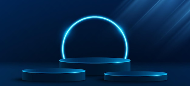 Abstrakt 3D Podium z świecącym łukiem neonowym do wyświetlania produktu marki Scena mody z niebieskimi wiązkami na sprzedaż Projekt modny piedestal tło Wektor