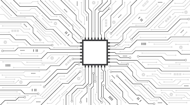 Abstrakt AI tło płyty obwodowej w czarno-białym tonie Górny widok elektroniczna tło płytki głównej Hightech system połączeń płytki obwodowej Ilustracja wektorowa