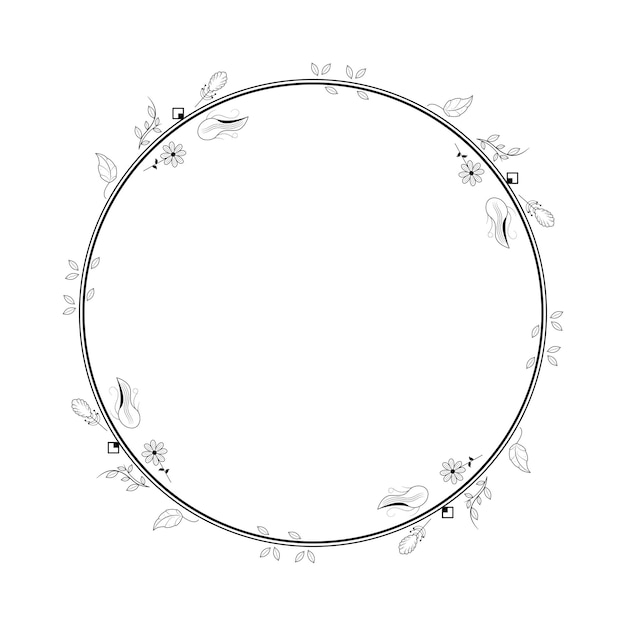Abstrakt Czarna prosta linia okrągły krąg z liśćmi ramka kwiaty Doodle kontur element wektor