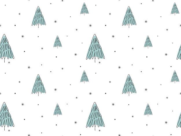 Abstrakt Doodle Linia narysowana drzewa bożonarodzeniowe na białym tle Bezszwowy zimowy wzór świąteczny śnieg Xmas ornament z sosny