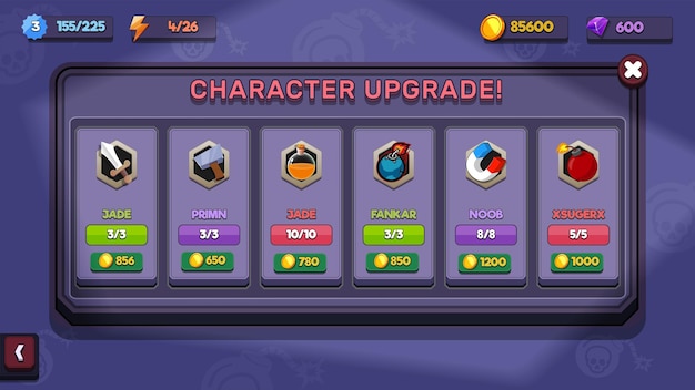 Action Game Ui Kit wyświetli wyskakujące menu i elementy gry