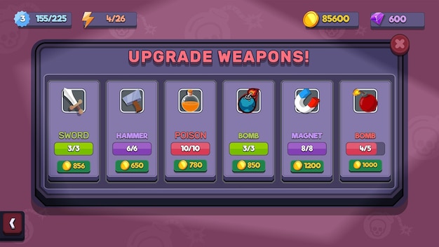 Action Game Ui Kit wyświetli wyskakujące menu i elementy gry