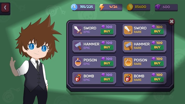 Action Game Ui Kit wyświetli wyskakujące menu i elementy gry