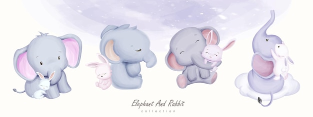 Adorable Baby Elephant And Rabbit Collection Set Illustration