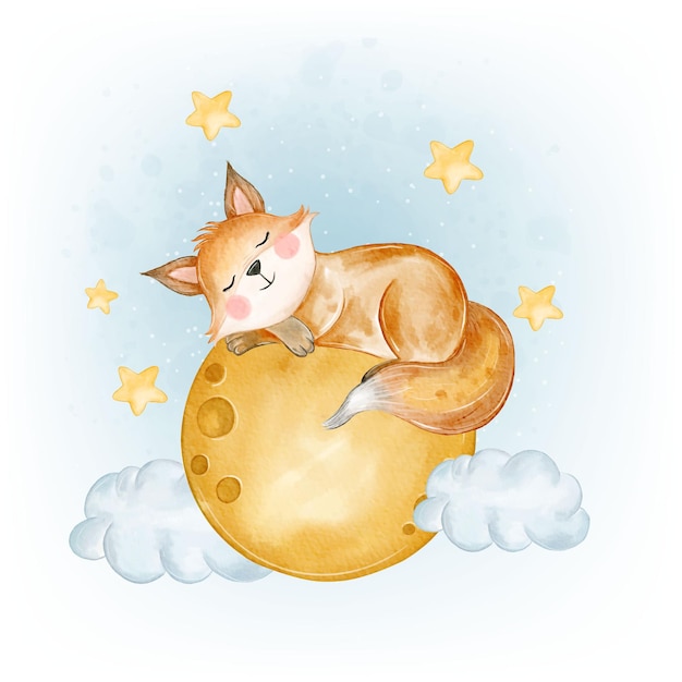 Adorable Fox Sleep The Moon Akwarela