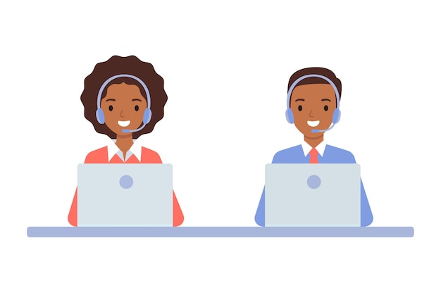 African American dziewczyna i facet w słuchawkach, koncepcja call center i obsługa klienta online. Ilustracja wektorowa w stylu płaski.