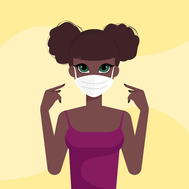 Afro American Girl Z Ochronną Maską Medyczną Na żółtym Tle