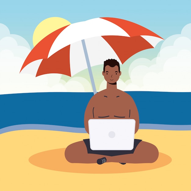 Afro Mężczyzna Używa Laptop Na Plażowej Wakacje Scenie