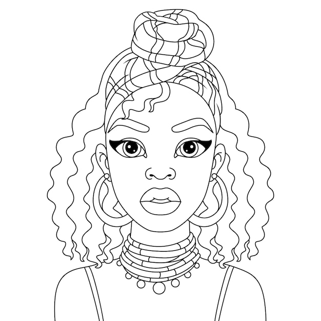 Plik wektorowy afro woman turban head wrap szalik z niektórymi ornamentami czarna dziewczyna koloruje ilustrację konturu strony