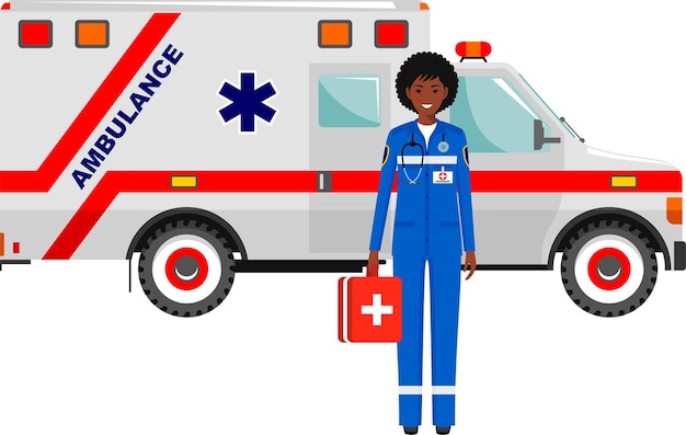 Plik wektorowy afroamerykańska lekarzka ratunkowa w mundurze na tle z ambulansem medycznym